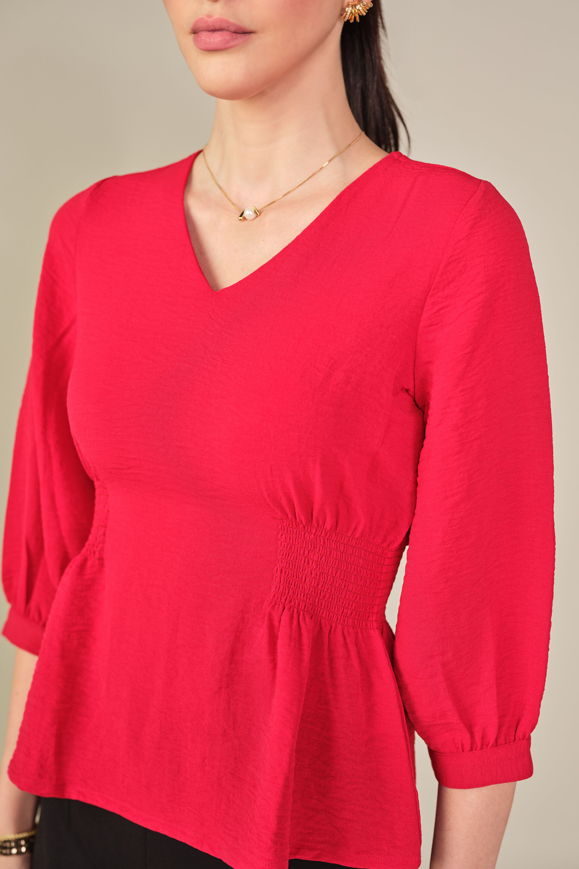 Side Smocked Top in Red, Red, image 2